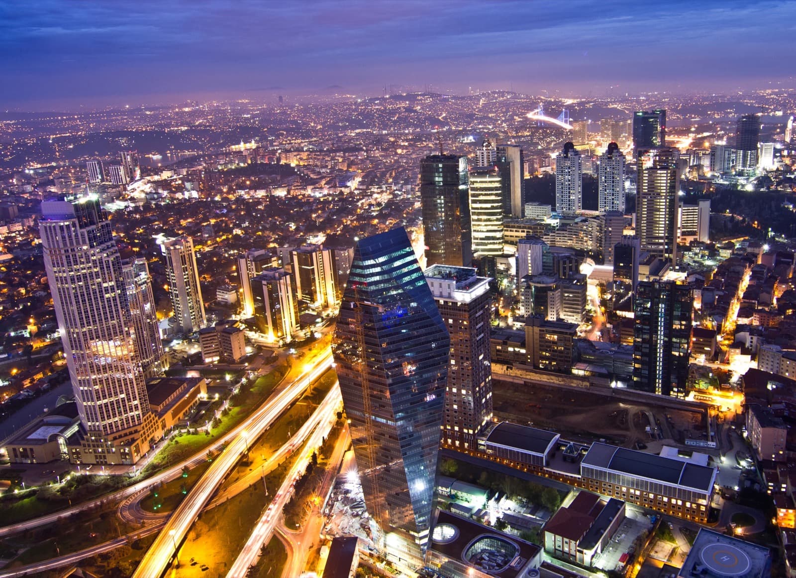 Aerial night view of the Levent business district skyline in Istanbul